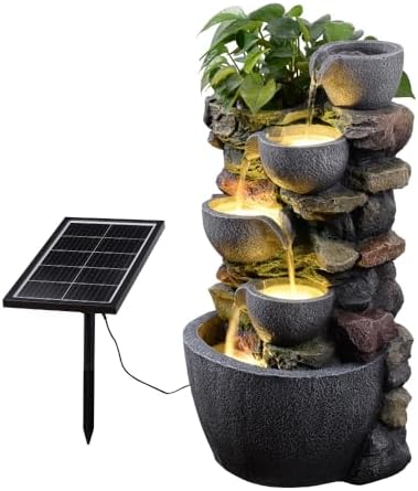 24'' Stacked Rock Solar Powered Water Fountain, Outdoor DIY Planter Pot Waterfall Fountain with LED Lights, Water Feature Landscape Decor for Garden, Patio, Backyard, Home Decoration