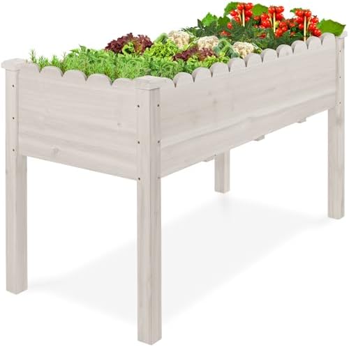 Best Choice Products Raised Garden Bed, Scalloped Design, Elevated Wood Planter Box Stand for Backyard, Patio, Balcony with Bed Liner, 48 x 24 x 30 Inches, 200 Pound Capacity - White