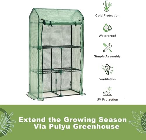 Purlyu Mini Greenhouse for Indoor Outdoor, Small Plastic Plant Green House Rack Stand Portable Greenhouses with Durable PE Cover for Seedling 60 "x 35"x 16",20 Pcs T-Type Plant Tags Include（PLGH4053G）