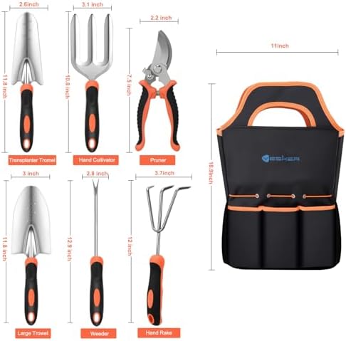Gardening Tools 7-Piece Heavy Duty Garden Tool Set Gardening Supplies Gifts for Women Men Gardening Hand Tool Kit with Non-Slip Ergonomic Handle, Garden Bag, Pruning Shears, Black Orange