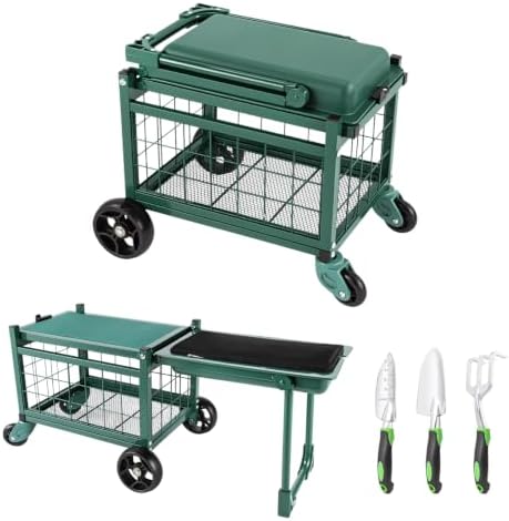Rolling Garden Cart with Tool Bag and 3-Piece Garden Tools Set, Garden Work Seat and Heavy-Duty Wagons with 360° Swivel Wheels, Workbench and Metal Storage Basket, Supports Up to 400LBS