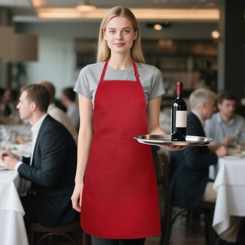2 Pack Kitchen Aprons with 2 Pockets for Women Men, Chef Aprons for Baking BBQ Cooking, Red