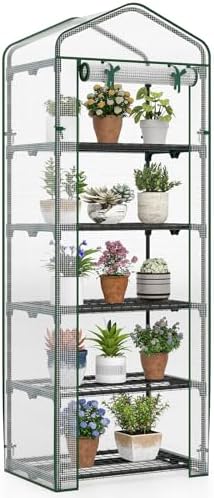 Giantex Mini Greenhouse Indoor Outdoor, 27" x 19" x 75" Portable Plant Grow House with 5 Tier Shelves, PE Cover, Roll-Up Zipper Door, Rustproof Elector-Coating Metal Frame for Patio Balcony Garden