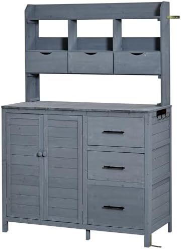 Farmhouse Patio Potting Bench,Large Freestanding Garden Workstation with 6 Drawers, Bottom Storage and Side Hook,Outdoor Kitchen Island (Gray-s)