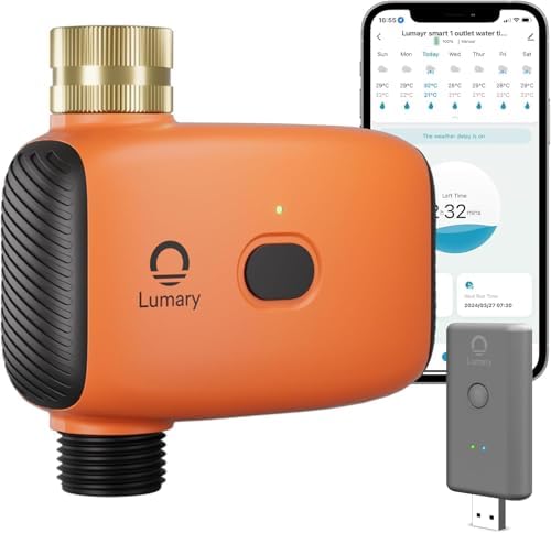 Lumary WiFi Water Timer for Garden Hose, Battery Sprinkler Timer for Watering Brass Inlet Outdoor, Rain Delay/Remote/Manual/Automatic Drip Irrigation System Programmable Faucet, Compatible with Alexa