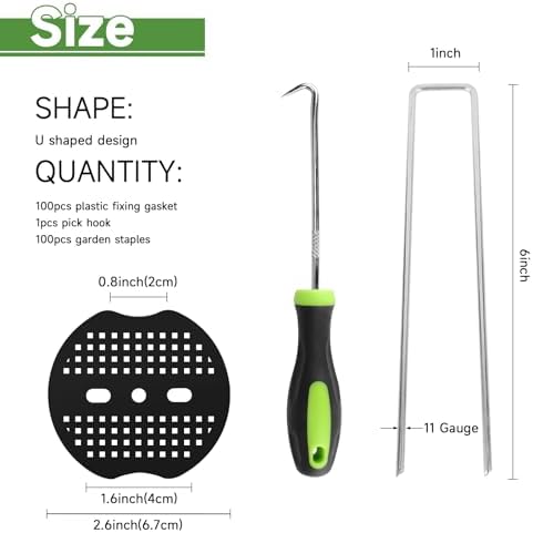 JELNER Garden Stakes,6 Inch 11 Gauge 100pcs Galvanized Landscape Staples + 100pcs Gaskets + 1Pick Hook, Tent Stakes Landscaping Fabric SOD Pins for Weed Fabric Barrier,Groud Cover,Fence