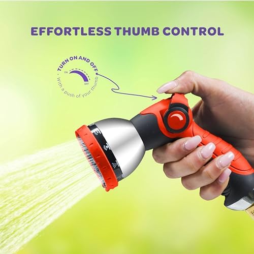 Hose Nozzle [Red] Heavy Duty Hose Sprayer With 10 Adjustable Watering Patterns. Thumb Control Design, Comfortable Ergonomic Grip, Garden Hose Nozzle for Watering Plants & Lawns/Fun showers/Cleaning