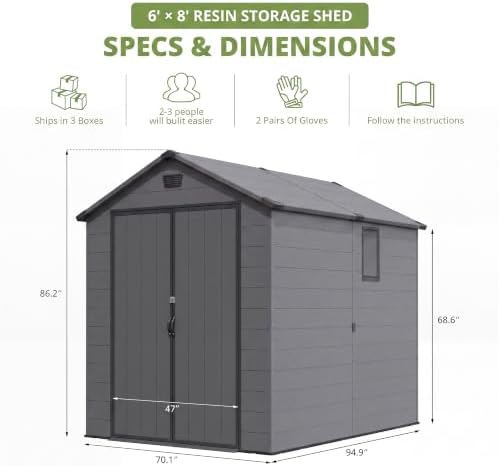 Devoko 6X8 FT Resin Outdoor Storage Shed with Floor, Dark Gray