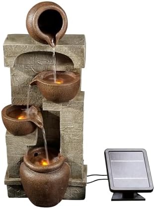Teamson Home 28 in. Cascading Bowls and Stacked Stones LED Outdoor Water Fountain for Outdoor Living Spaces to Create a Calming Oasis in Gardens and Landscaping, on Patios, Balconies, Lawns, Brown