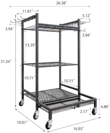 Garden Tool Organizer Rack with Wheels Up to 35 Tools | Heavy Duty Steel Yard Tool Organizer for Garage Storage with 11 Hooks, Broom Holder & Garden Tool Rack for Shed, Patio, Lawn, Outdoor, Black