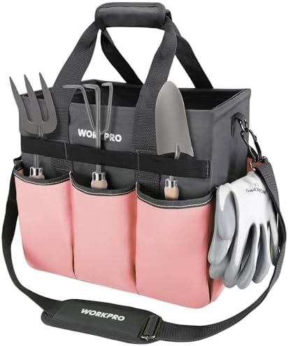 WORKPRO Garden Tool Bag, 10 Pockets and Shoulder Strap, Pink