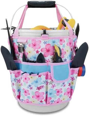 KUNN Gardening Gift for Women Men 5 Gallon Bucket Tool Organizer with 18 Pockets, Heavy-Duty Bucket Buddy Caddy Bag, Garden Tools Organizer Storage with Comfort Grip Handle Pad Attachment,Pink