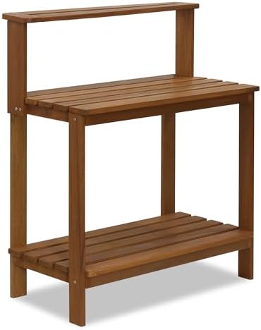 Furinno TIOMAN Potting Bench with Storage, Outdoor Potting Bench Table, Garden Workstation, with Shelves for Gardening, Potting, Planting, Light Wood