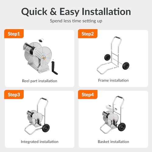 Giraffe Tools Garden Hose Reel Cart with Wheels, Stainless Steel Heavy Duty Water Hose Reel Cart, 200 ft of 1/2 Capacity, Mobile for Outside