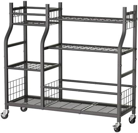 Garden Tool Organizer with Wheels for Garage and Shed, Spacious Tool Storage, Multi-Tier Design with Side Hooks for Rakes, Shovels, Brooms, and Yard Tools Rolling Cart
