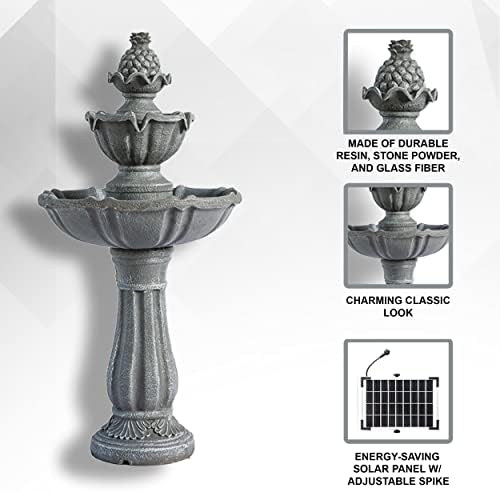 XBrand 36.2" 2-Tier Solar Water Fountain, Outdoor Freestanding Resin Bird Bath with Pump, Gray