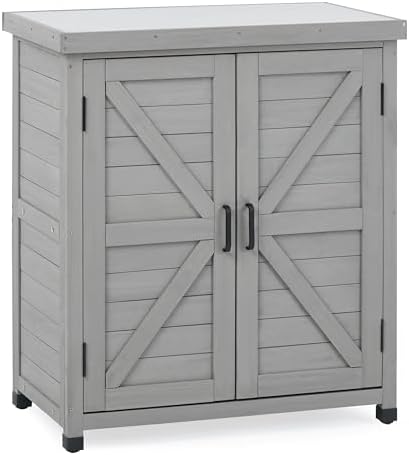Outdoor Potting Bench with Storage Cabinet and Metal Top, Wood Workstation for Outdoor Patio, Garden (Classic Grey, 31x17x36‘’)