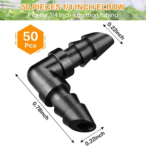 Drip Irrigation Elbow Fittings：50 Pieces Barbed Elbow Irrigation Parts with Sharp End Fits for 1/4 Inch Irrigation Tubing Drip Line Elbow Connectors for Garden Lawn Irrigation System