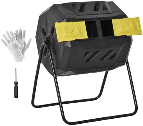 Dual-Chamber 42.3gal 360° Rotating Compost Tumbler, Outdoor Steel + PP Composter with Ventilation, Yellow Black Finish, Sliding Door Access System