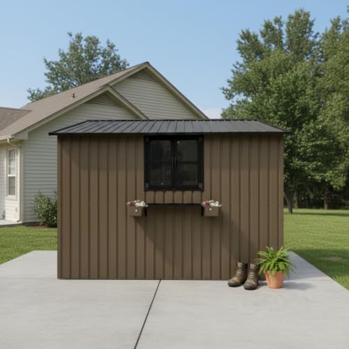 10x8 FT Metal Garden Tool Shed for Backyard Patio with Windows, Brown
