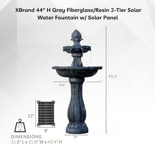 XBrand 44" H Gray Fiberglass/Resin 2-Tier Solar Water Fountain w/Solar Panel and Auto-Shut Off Pump, Solar Garden Fountain, Tall Outdoor Fountain, Two Tiered Birdbath Fountain