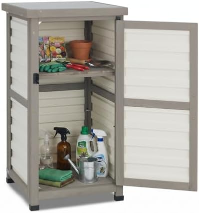 Outdoor Storage Cabinet, 33.5" H Compact Patio Storage Cabinet with Plastic Door Panels, Wood-Style Frame, 2-Tier Outdoor Organizer for Porch, Balcony, Backyard, Garden Supplies, Gray & White