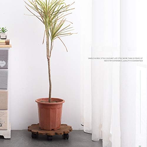 TITA-DONG 12 Inch Wooden Planter Caddy, 2 Pack Heavy Duty Movable Flower Type Pot Stand, Rustic Round Plant Pot Stand with Lockable Caster for Indoor Outdoor Home Garden