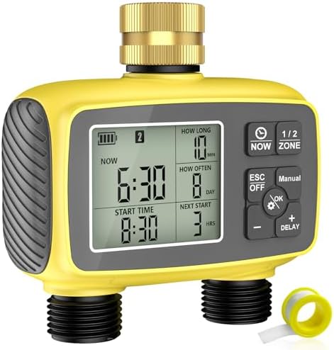 Hose Timer 2 Outlet, 2 Zone Programmable Sprinkler Timer with Rain Delay & Manual Mode, Heavy Duty Digital Timer for Garden Hose, Auto Irrigation Controller for Lawn, Yard & Drip Irrigation Outdoor