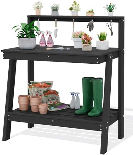 SERWALL 3-Tier Outdoor Potting Bench with Storage,Gardening Table,Black