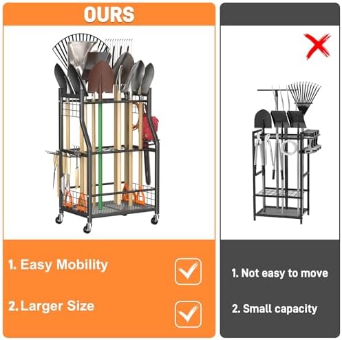 TORACK Garden Tool Organizer with Wheels, Rakes Shovels Yard Tools Stand