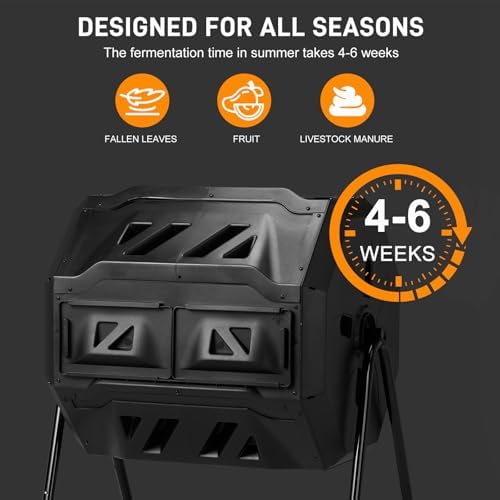 Outdoor Dual Chamber Compost Tumbler, 43 Gallon Black Rotating Batch Compost Bin with Sliding Doors for Garden Kitchen Yard
