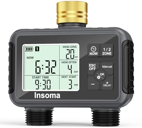 Insoma Water Timer with Brass Inlet, 2 Independent Zones Outdoor Hose Timer for Garden Faucet with Auto/Manual/Rain Delay Mode, Sprinkler Irrigation Controller for Yard Lawn