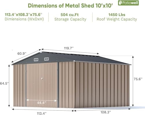 Patiowell 10x10 FT Metal Storage Shed, Brown