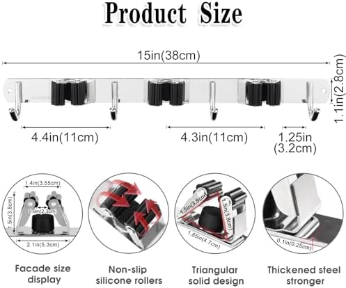 AceMining Broom Holder Wall Mount, 3 Racks 4 Hooks Heavy Duty Mop Organizer