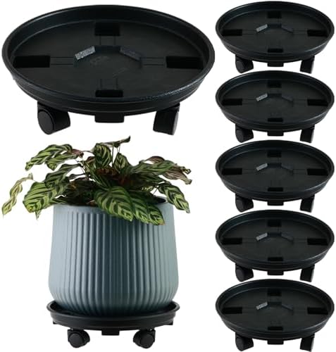 6 Packs 10.6 Inches Small Plant Caddy with Wheels Plant Saucers on Wheels Rolling Plant Stands Heavy-duty Plant Dolly Plastic Planter Roller Base Pot Movers Outdoor Plant Tray Coaster, Black