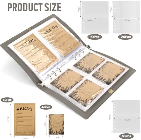 Seed Storage Organizer, Seed Packet Organizer Binder with 80Pcs Garden Seeds Storage Envelopes and 40 Clear Pocket Sheet Protectors for Protecting Vegetable Seeds (Gray, 9.1 x 6.5inch)