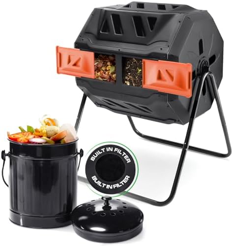 PLASTIC PRINCE Set of 43 Gallon Compost Bin Outdoor and 1.5 Gallon Compost Bin Kitchen with Lid and Charcoal Filter - Dual Chamber Tumbler Rotating - Metal Pail for Countertop, Orange, Black
