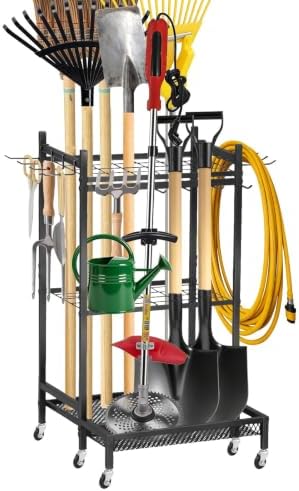 Garden Tool Organizer Rack with Wheels Up to 35 Tools | Heavy Duty Steel Yard Tool Organizer for Garage Storage with 11 Hooks, Broom Holder & Garden Tool Rack for Shed, Patio, Lawn, Outdoor, Black