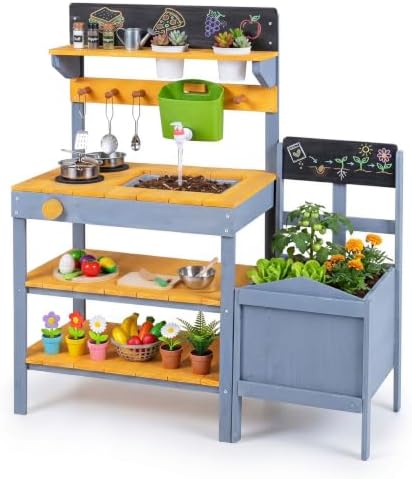 HONEY JOY Mud Kitchen with Planter Box and Running Water, Fir Wood Kids Potting Bench Mud Table, Water Tank & Chalkboard, Sensory Outdoor Play Kitchen for Toddler Girls Boys(Blue)