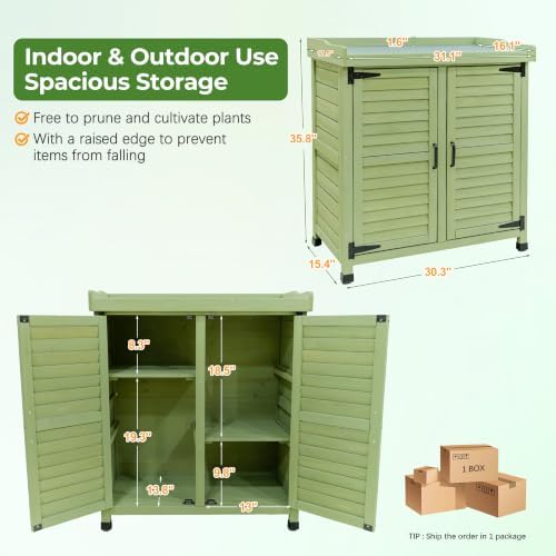 Outdoor Potting Bench with Storage Cabinet, Upgraded Wooden Garden Storage Cabinet with Metal Tabletop, Patio Cabinet for Garden Tools, Backyard, Deck and Outdoor Workstation (Green)
