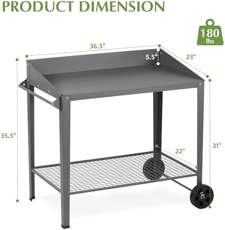 DDK Outdoor Metal Potting Bench with Wheels, Storage Shelf, Dark Gray