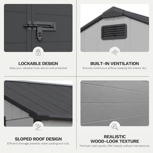Devoko 8 x 8 FT Resin Outdoor Storage Shed, Plastic Garden Shed with Floor