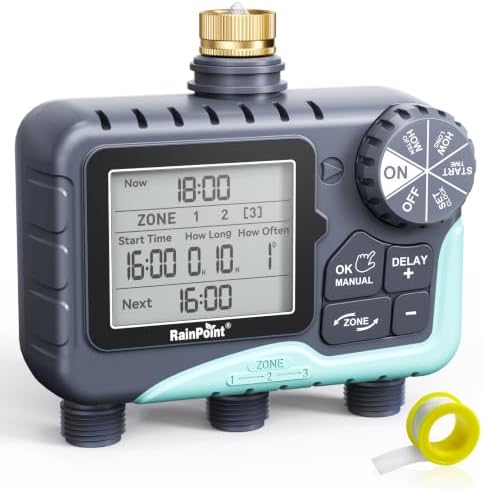 RAINPOINT 3 Zone Sprinkler Timer, Brass Inlet IP65 Waterproof Hose Irrigation Timer with Rain Delay, Manual Auto Watering, Large LCD Display for Yard, 2027 New Version V2