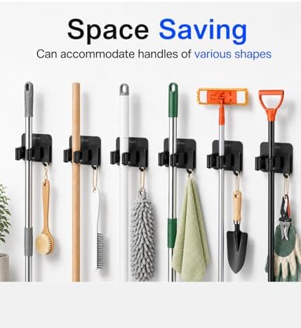 6Pcs Broom Holder Wall Mount With Hooks, Damage-Free Broom And Mop Organizer Wall Hanging, Heavy Duty Self Adhesive Broom Hanger Clips Storage Rack For Garden, Laundry Room Tools, SUS 304, Matte Black