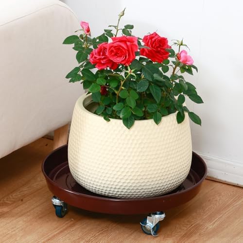 Planterhoma 3 Packs 18 Inch Metal Plant Caddy with Wheels Extra-large Rolling Plant Stand Heavy-duty Iron Plant Dolly Casters for Indoor Outdoor Flower Pot Mover Roller Coasters, Dark coffee