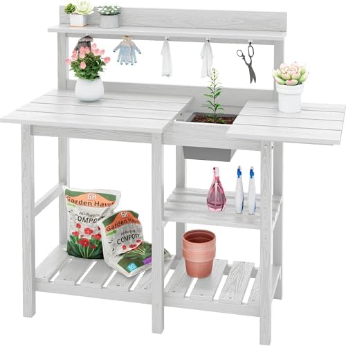 SERWALL Outdoor Potting Bench with Removable Sink,Gardening Table,White