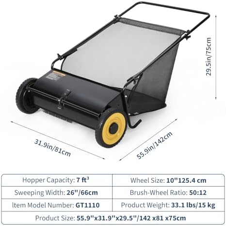 26-Inch Push Lawn Sweeper, 7 Cu. Ft. Large Collection Bag, 4 Rotating Brushes, Adjustable Height Control, Leaf, Grass & Debris Collector for Lawn, Driveway, Patio, Yard and Outdoor Surfaces