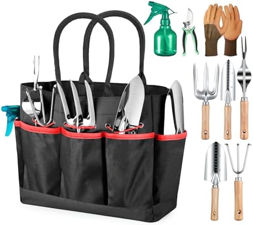 9-Piece Gardening Tools Set with Fashion Handbag, Black Red