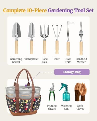 10Pcs Garden Tool Set, Rust-Proof Stainless Steel, Ash Wood Handles