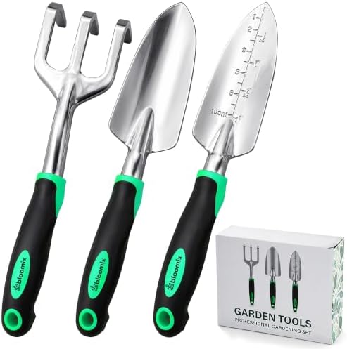Bloomix 3 pcs Stainless Steel Gardening Tool Set – Hand Cultivator, Transplanter & Trowel with Soft‑Grip Ergonomic Handles – Durable Garden Kit for Digging, Planting and Soil Care